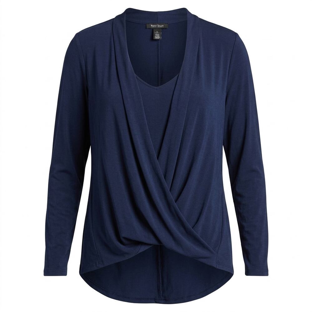 White House Black Market Navy Asymmetrical Wrap V-Neck Blouse Women Size XL